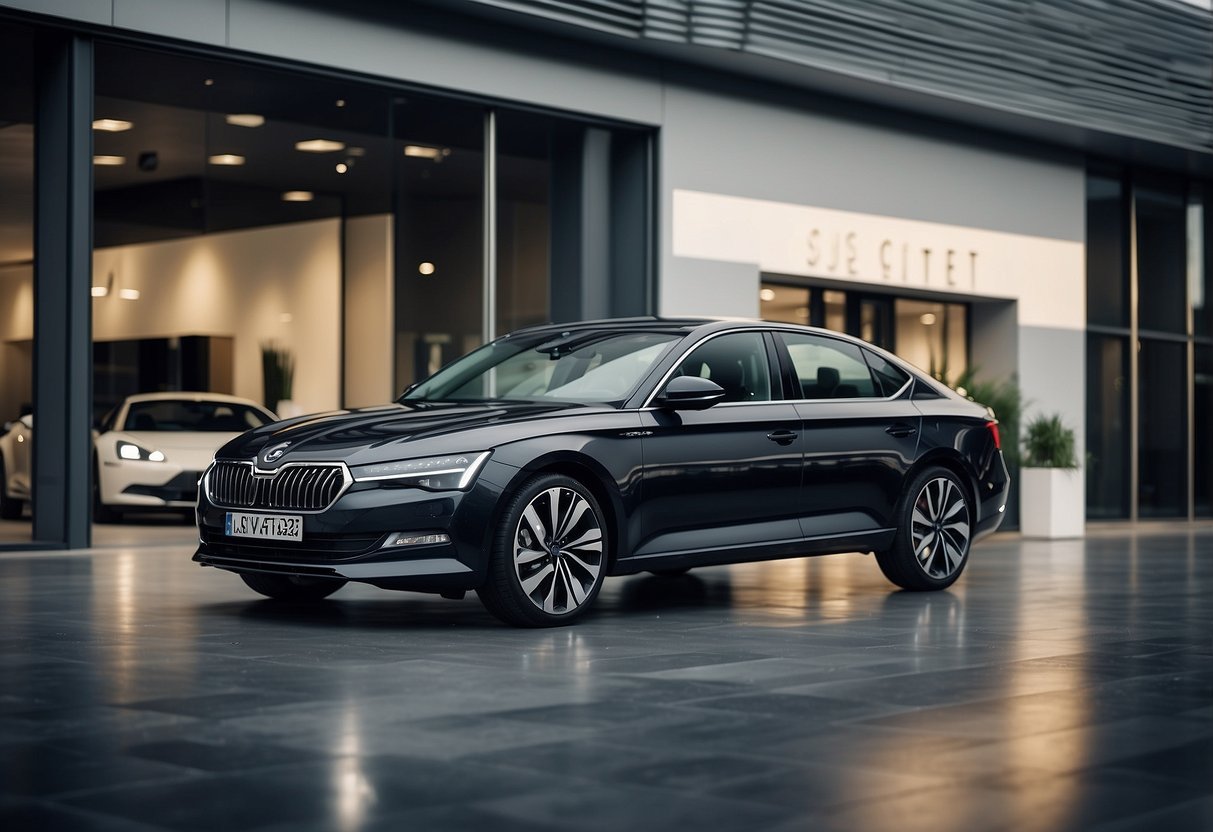 A sleek Škoda sedan parked in front of a modern showroom with a prominent "Latest Škoda Promotions" banner displayed