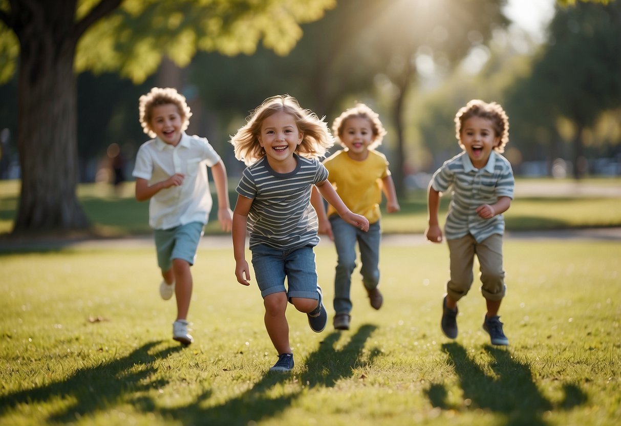 Kids playing tag, hide and seek, and hopscotch in a sunny park. A group of children laughing and running around, having fun together