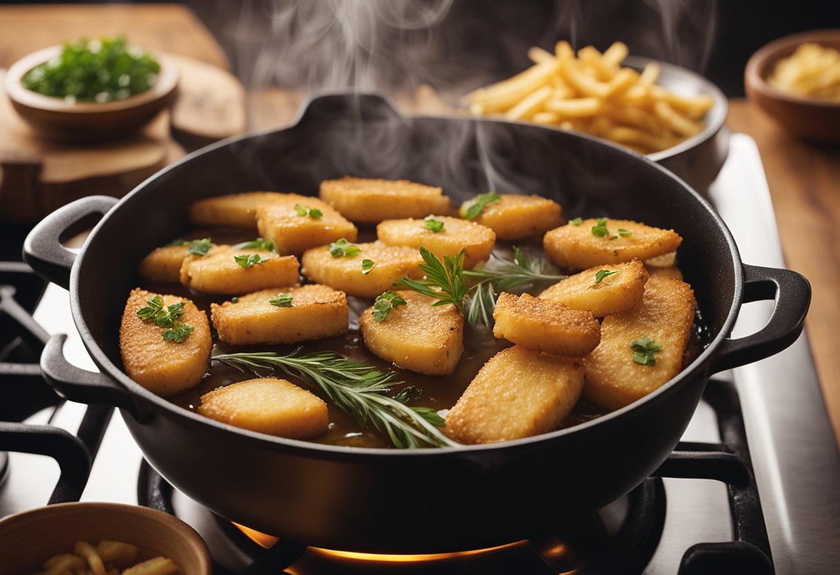 A pot of sizzling oil fries up a variety of fish in a cozy kitchen setting, with the aroma of home-cooked goodness filling the air