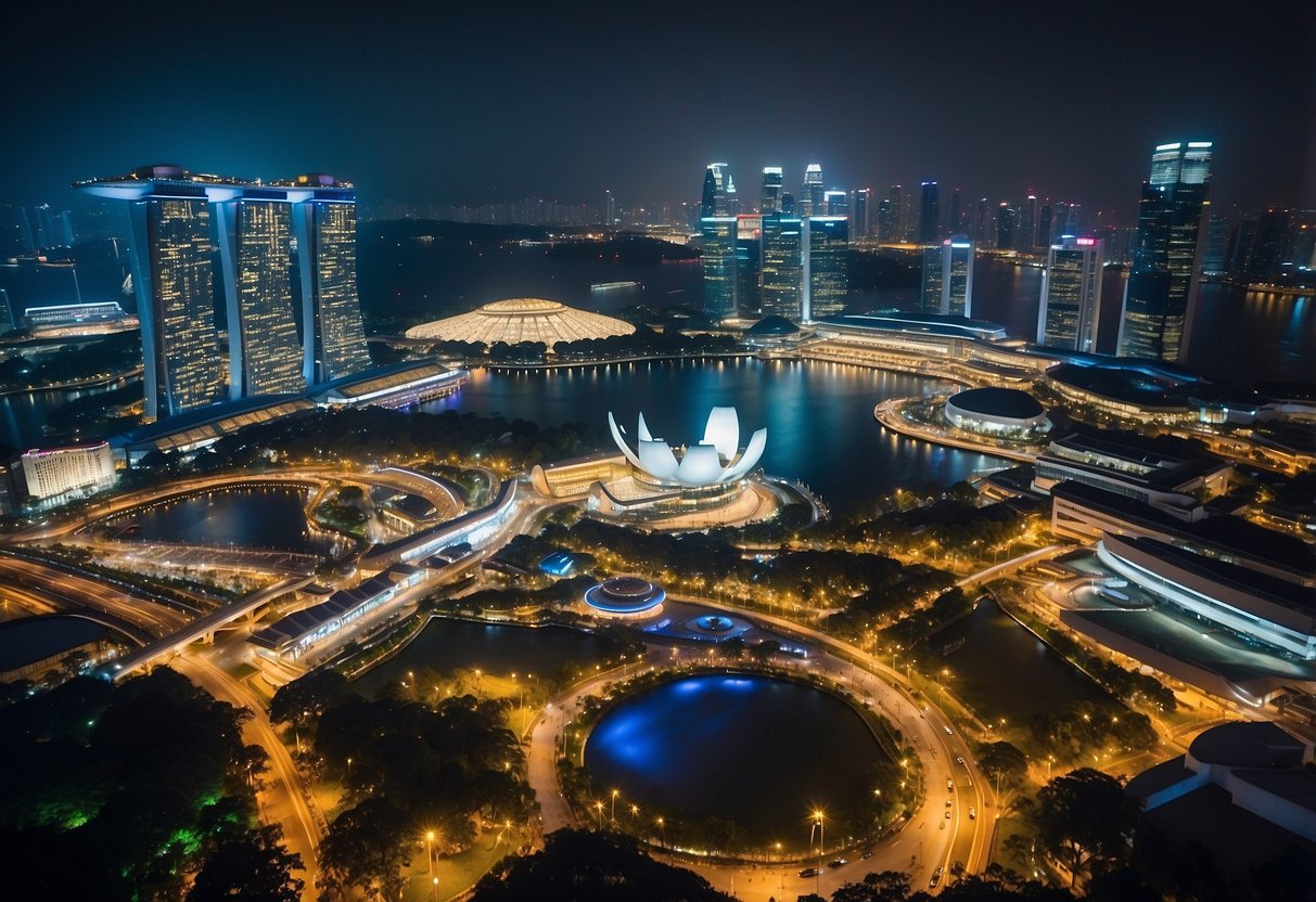 A bustling cityscape with iconic landmarks and vibrant entertainment venues, showcasing the diverse tourist attractions and leisure promotions in Singapore