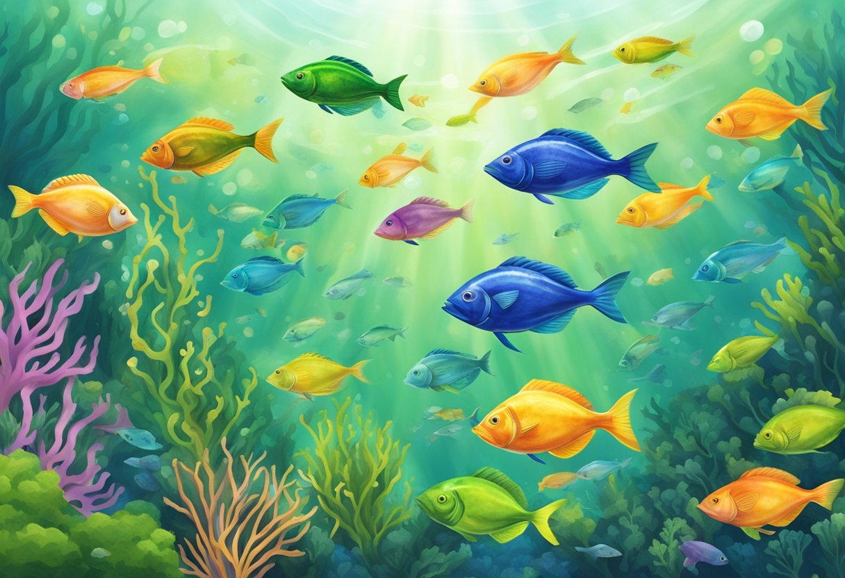 A school of colorful fish swimming in clear, vibrant water, surrounded by lush green seaweed and coral, representing the role of omega-3 fatty acids in eye health