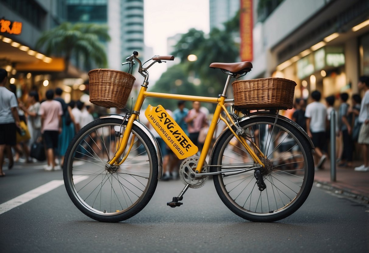 A giant bike dominates a bustling Singapore street, adorned with promotional banners and surrounded by excited shoppers