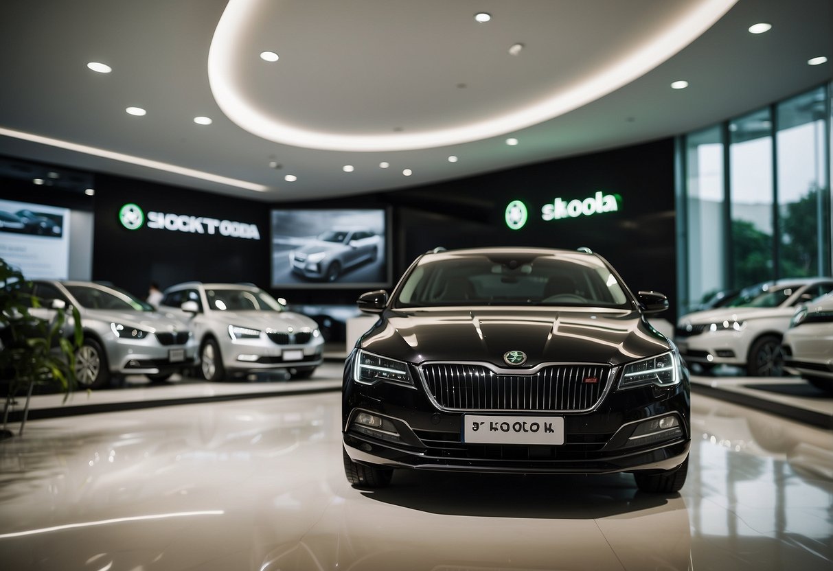 The showroom displays Škoda models with promotional offers in Singapore