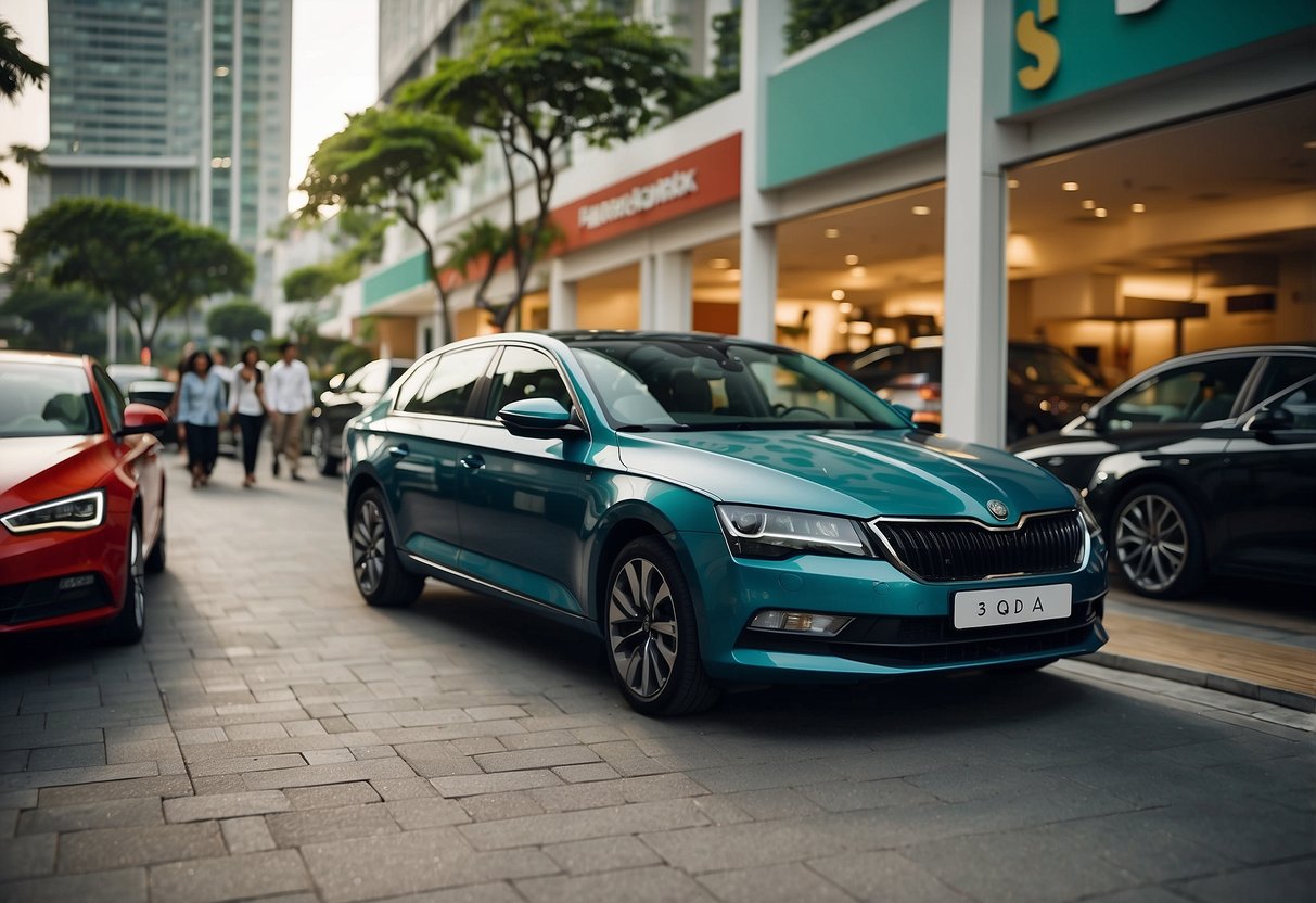 A colorful banner with "Frequently Asked Questions" and Skoda promotions in Singapore, surrounded by happy customers and sleek cars