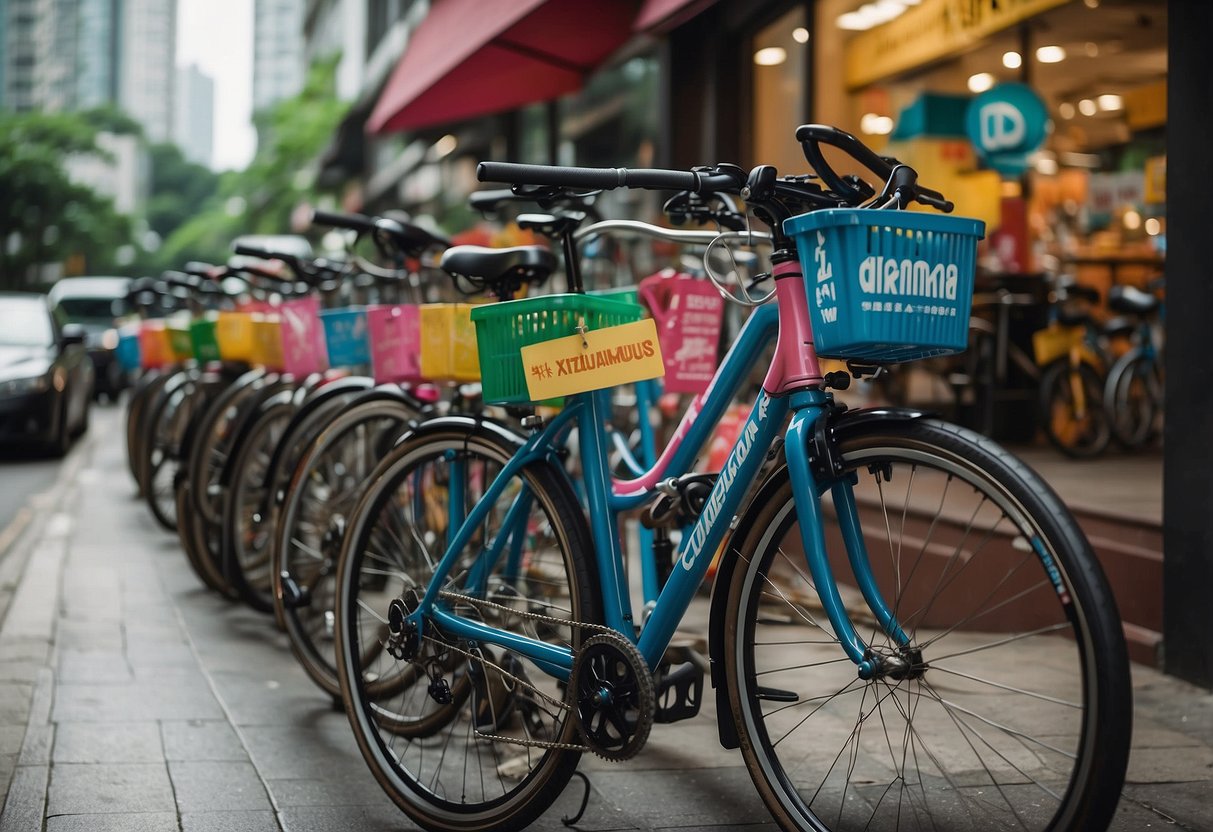 A colorful display of giant bicycles with promotional signs in a busy Singapore street