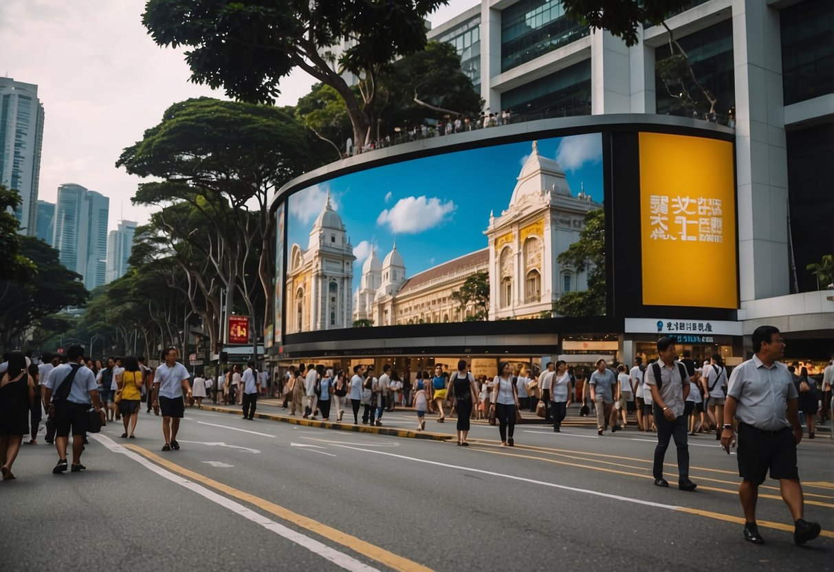 A bustling street with iconic Singapore tourist attractions displayed on billboards and signs, accompanied by promotional banners and a crowd of curious visitors