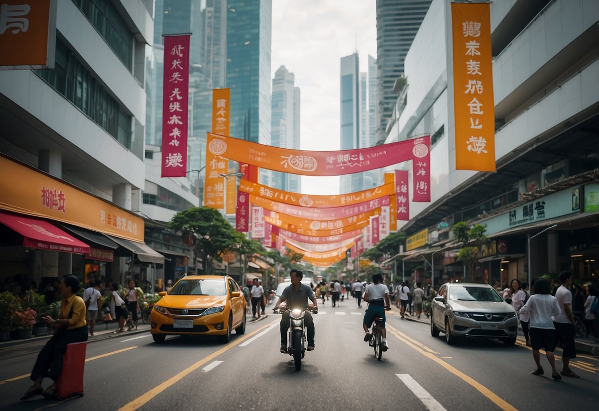 A bustling city street with colorful banners and signs advertising seasonal shopping promotions for Giant Bike Singapore. Pedestrians carrying shopping bags and admiring the displays