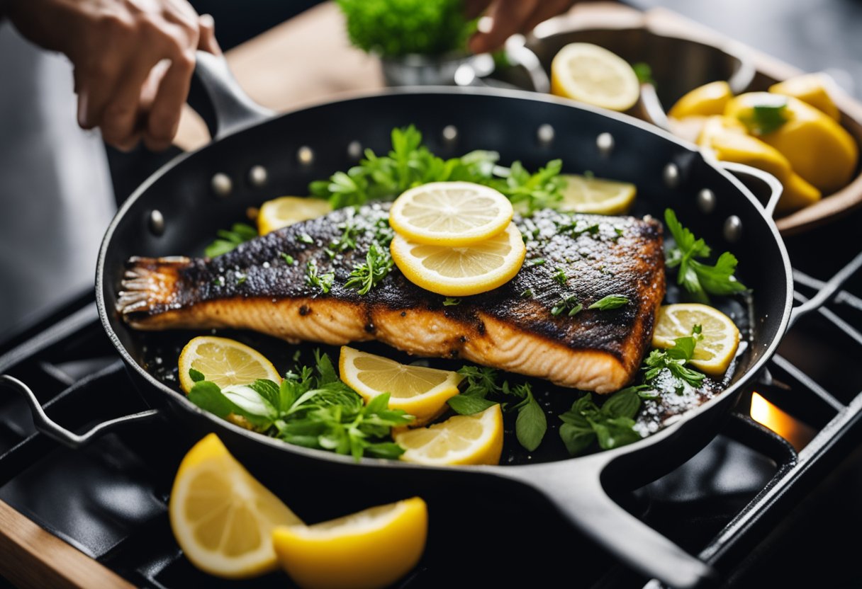 A sizzling fish fry is being cooked in a hot pan, while a plate is being prepared with fresh herbs and lemon slices for serving