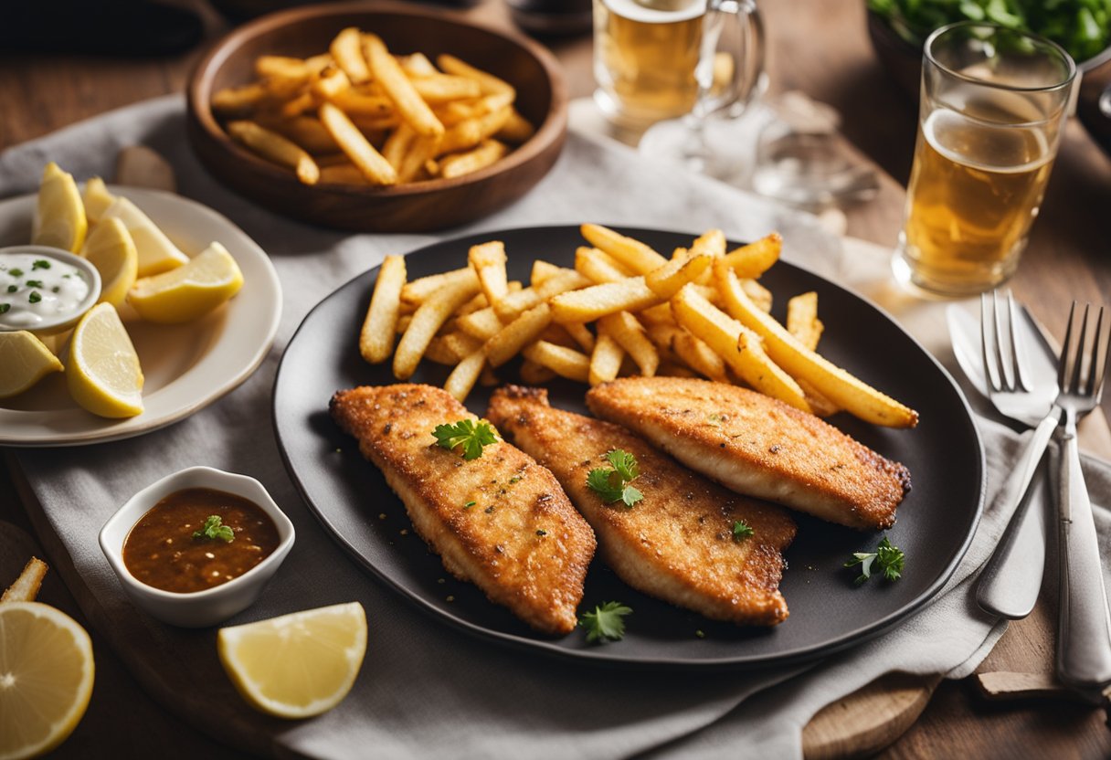 A sizzling fish fry in a cozy home kitchen, with a platter of golden-brown fillets and a side of crispy fries