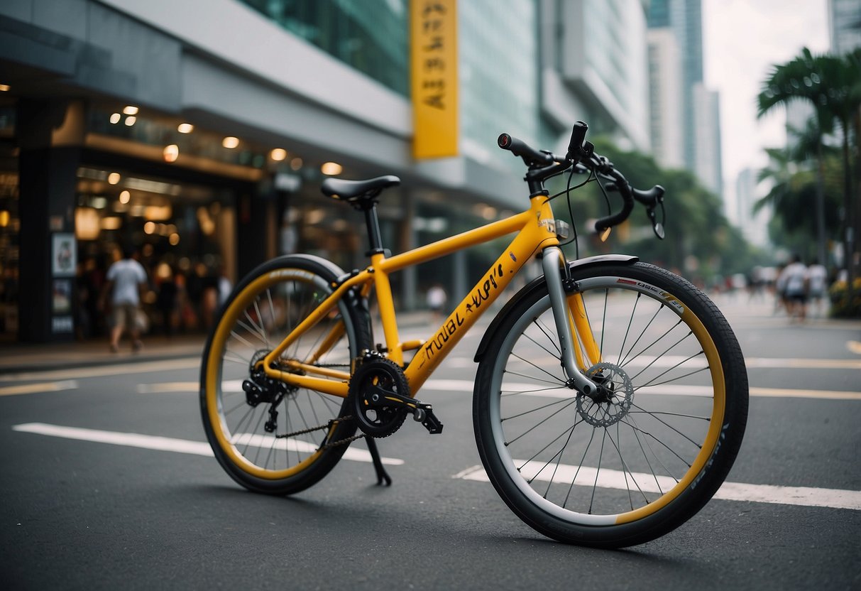 A giant bike surrounded by promotional signage in Singapore