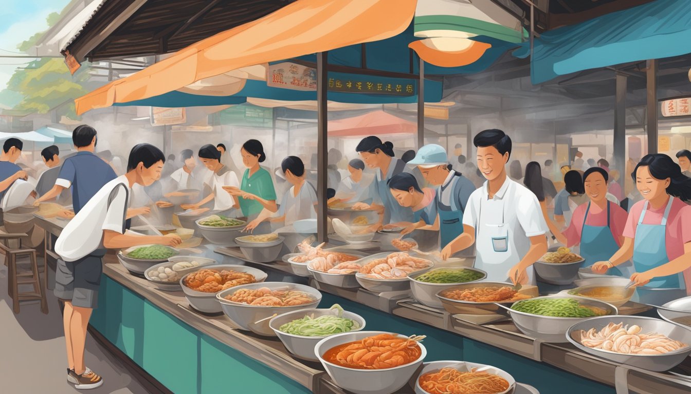 A bustling hawker center with steaming bowls of prawn mee, diners slurping noodles, and the scent of seafood and spices filling the air