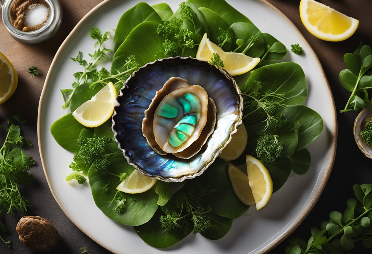 A glistening abalone dish on a bed of vibrant greens, garnished with fresh herbs and a squeeze of lemon