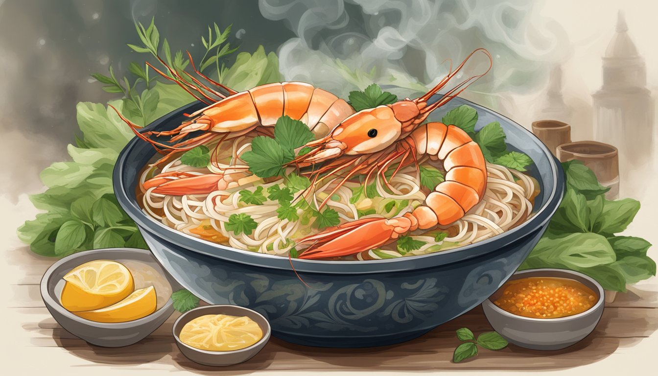 A steaming bowl of treasure prawn mee sits on a rustic table, surrounded by fresh herbs and condiments. Steam rises from the fragrant broth, inviting the viewer to savor its rich flavors