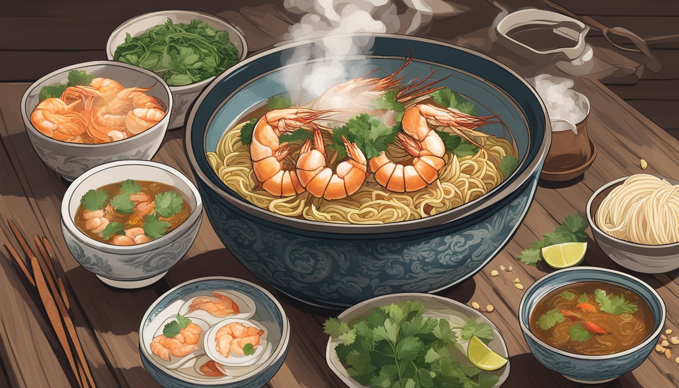 A steaming bowl of treasure prawn mee sits on a rustic wooden table, surrounded by condiments and utensils. Steam rises from the rich, fragrant broth, and the noodles are topped with succulent prawns and fresh herbs