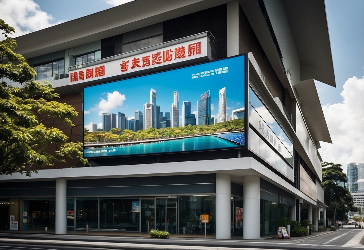 A sunny day in Singapore, with solar film advertisements on buildings and billboards. Bright colors and clear skies