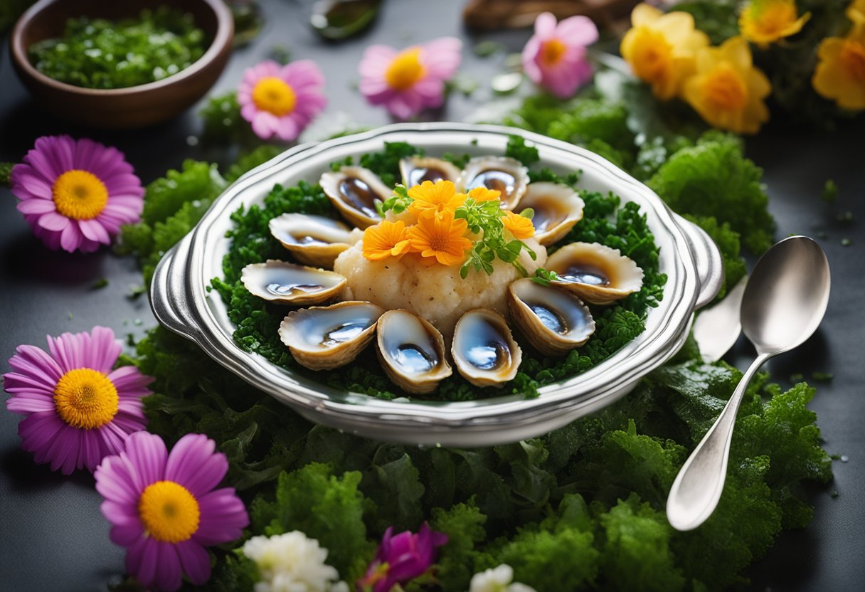 A steaming abalone dish sits on a bed of vibrant green seaweed, surrounded by colorful edible flowers and drizzled with a rich, savory sauce