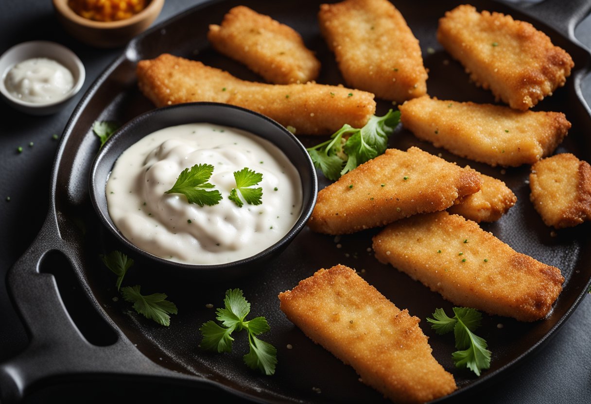 Golden-brown fish goujons sizzle in a hot pan, surrounded by a sprinkle of salt and a side of tangy tartar sauce