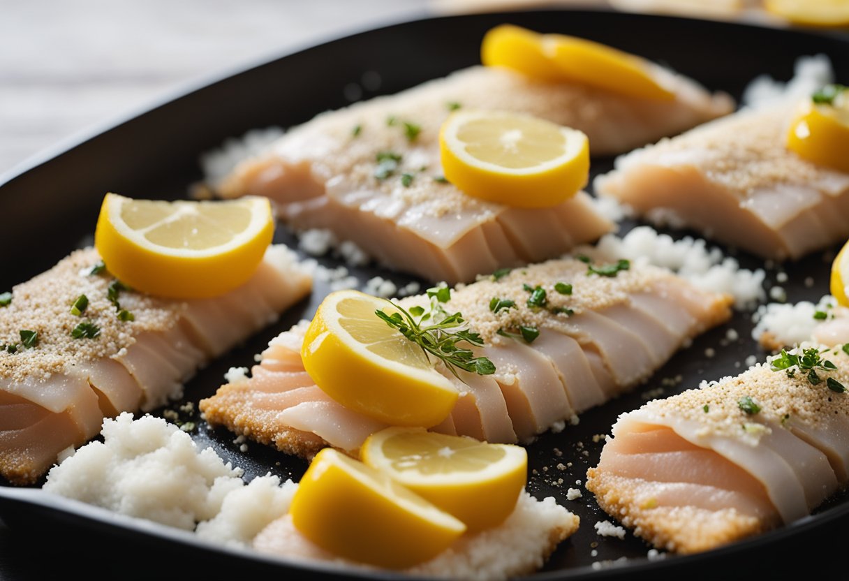 Fresh fish fillets being sliced into even strips, dipped in seasoned flour, then egg wash, and finally coated in breadcrumbs. A pan of hot oil waits nearby for frying