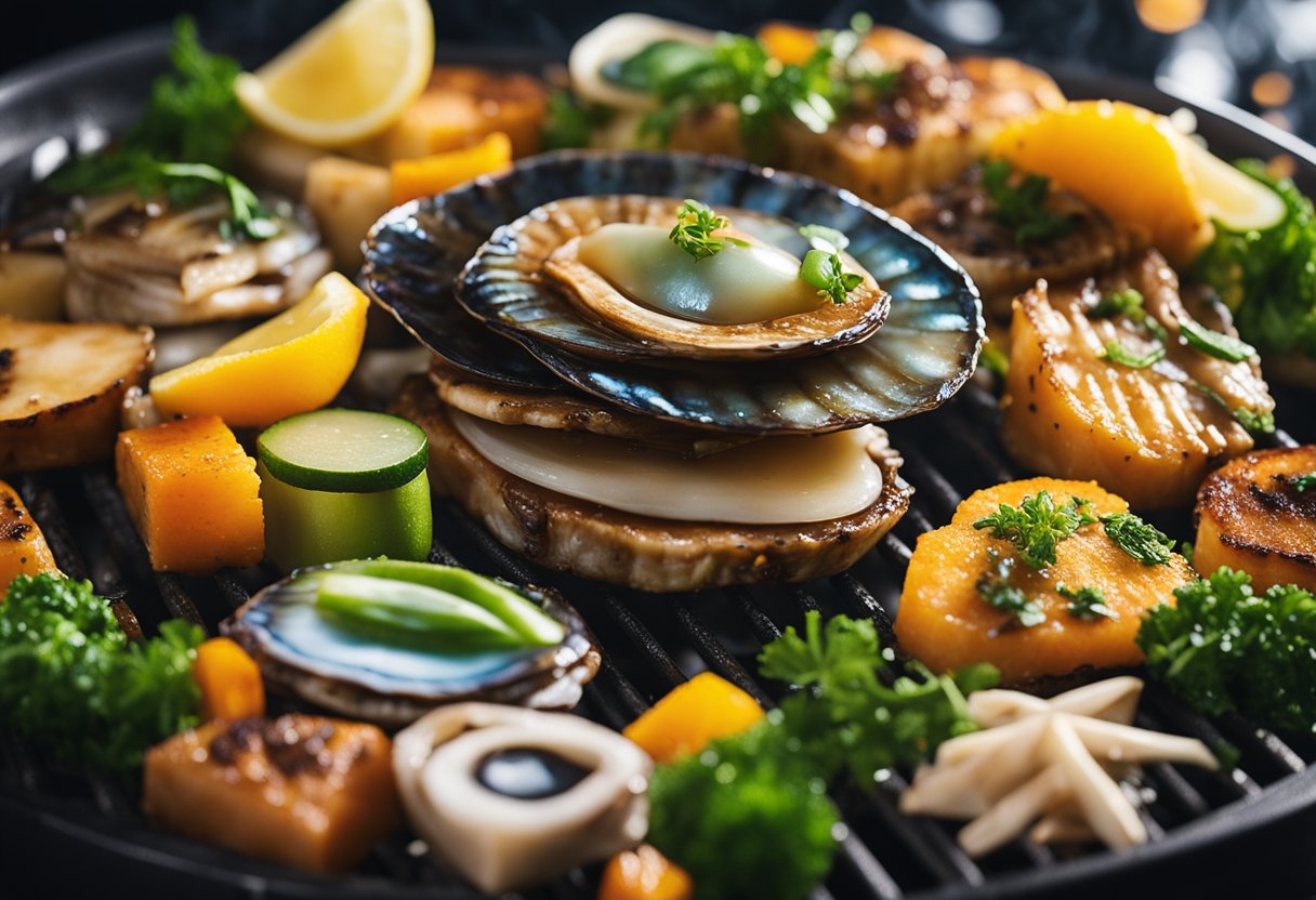 A vibrant abalone dish sizzling on a hot grill, surrounded by colorful garnishes and steam rising into the air