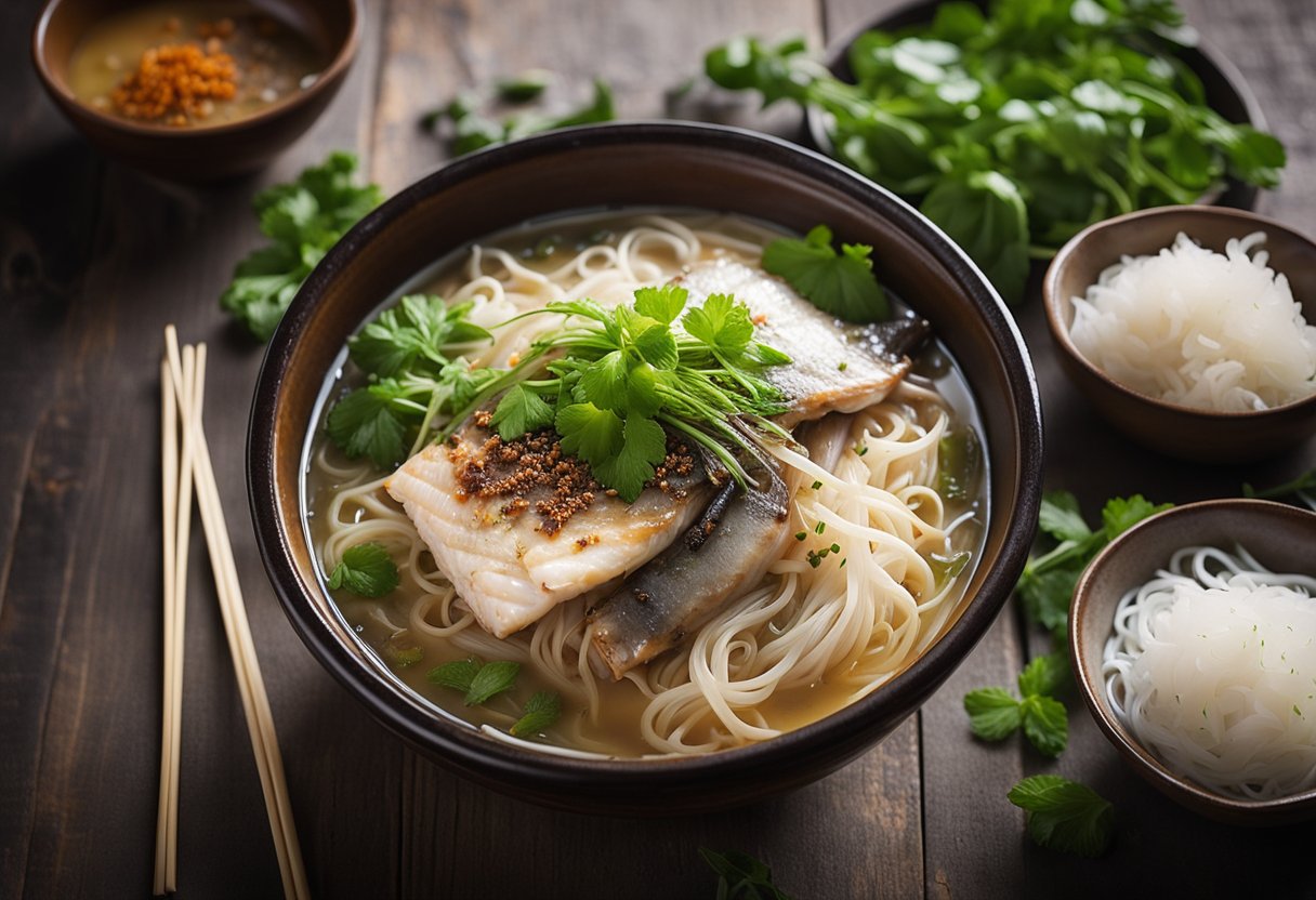 A steaming bowl of fish head bee hoon sits on a rustic wooden table, surrounded by scattered herbs and spices. Steam rises from the fragrant broth, while chunks of tender fish head and silky rice noodles peek through