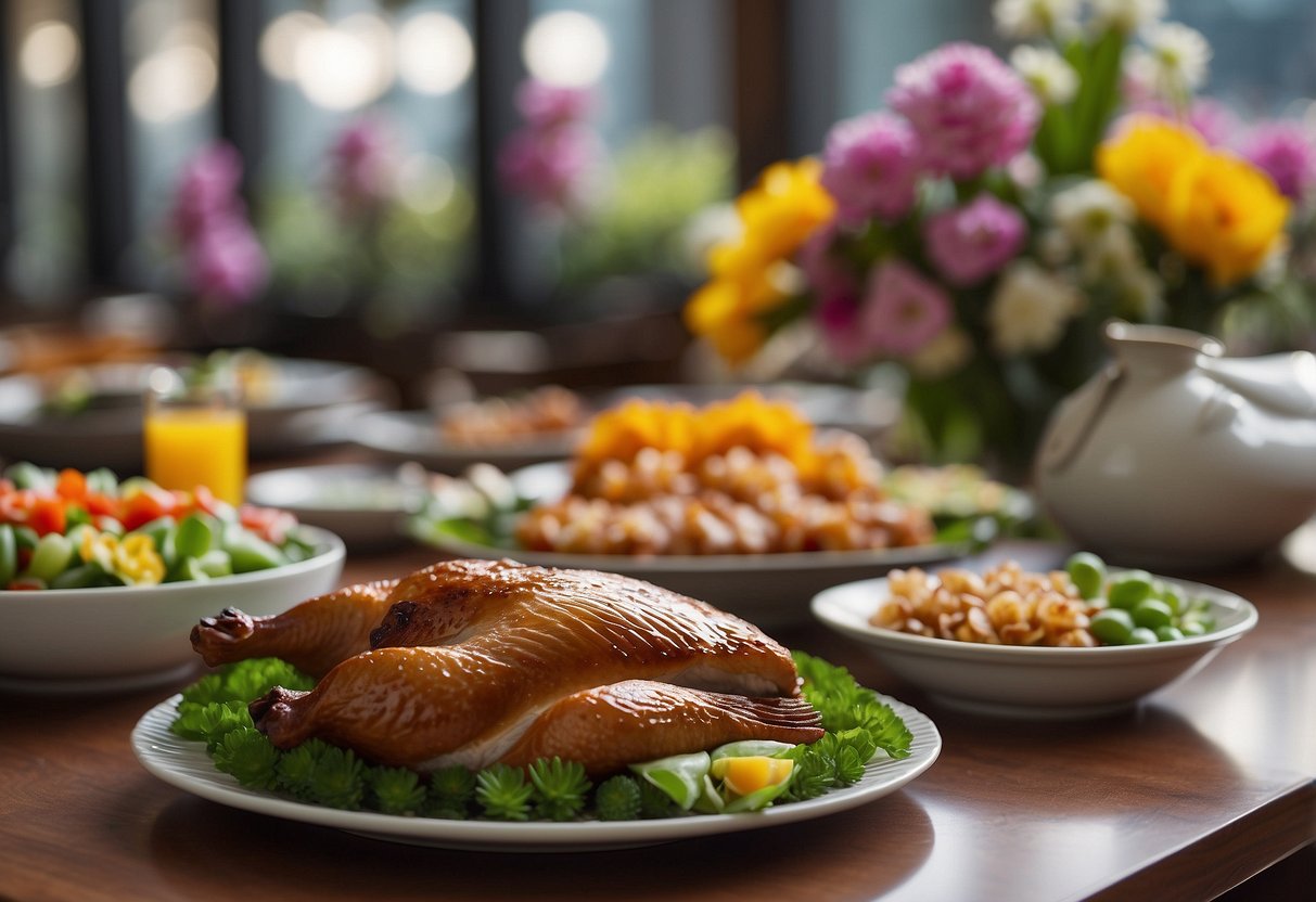 A table set with plates of succulent Peking duck, surrounded by vibrant spring flowers, with a promotional sign in the background