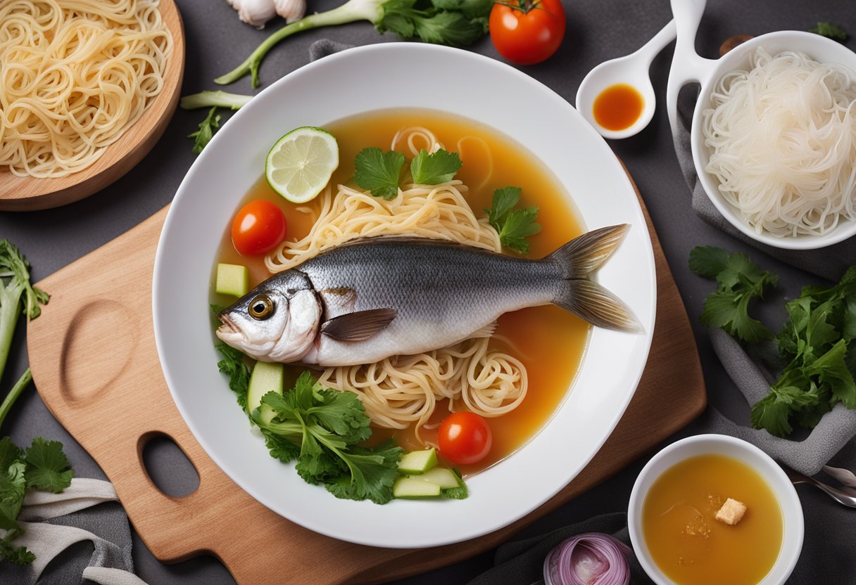 A fish head is being simmered in a fragrant broth with bee hoon noodles, tomatoes, and vegetables. Ingredients are arranged neatly on a wooden cutting board