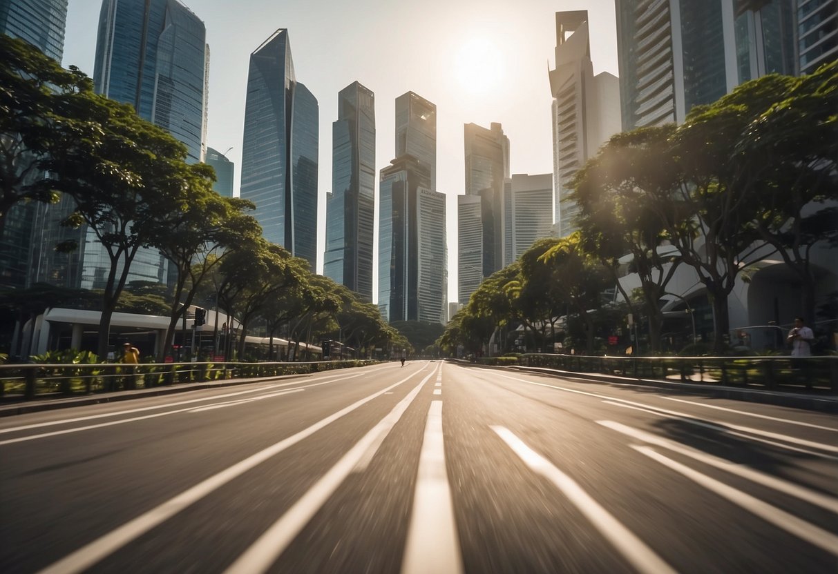 A bustling city street in Singapore, with skyscrapers reflecting the bright sun. Solar film promotional banners adorn the buildings, and people pass by, intrigued by the energy-saving technology
