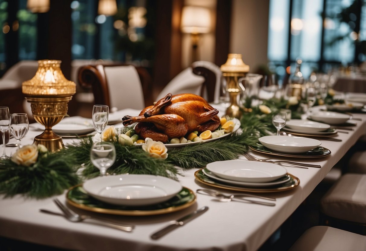 A lavish dining table set with Peking duck and elegant tableware at Spring Court Singapore's exquisite promotions