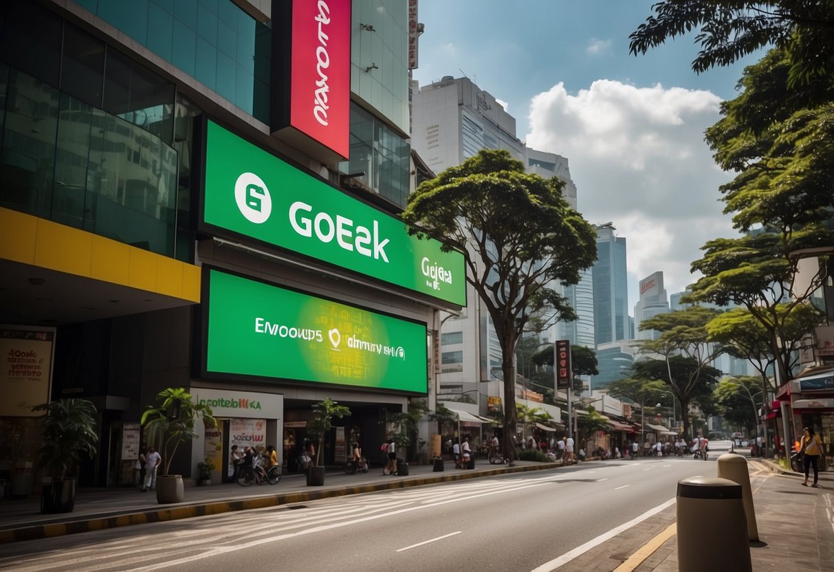 A vibrant cityscape with Gojek promotions displayed on digital billboards and banners throughout the bustling streets of Singapore