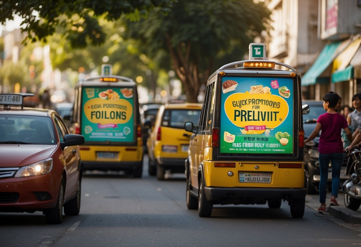 A bright, colorful banner with the words "Exclusive Gojek Promotions for Quick Rides" displayed prominently, surrounded by happy, smiling customers enjoying their discounted rides
