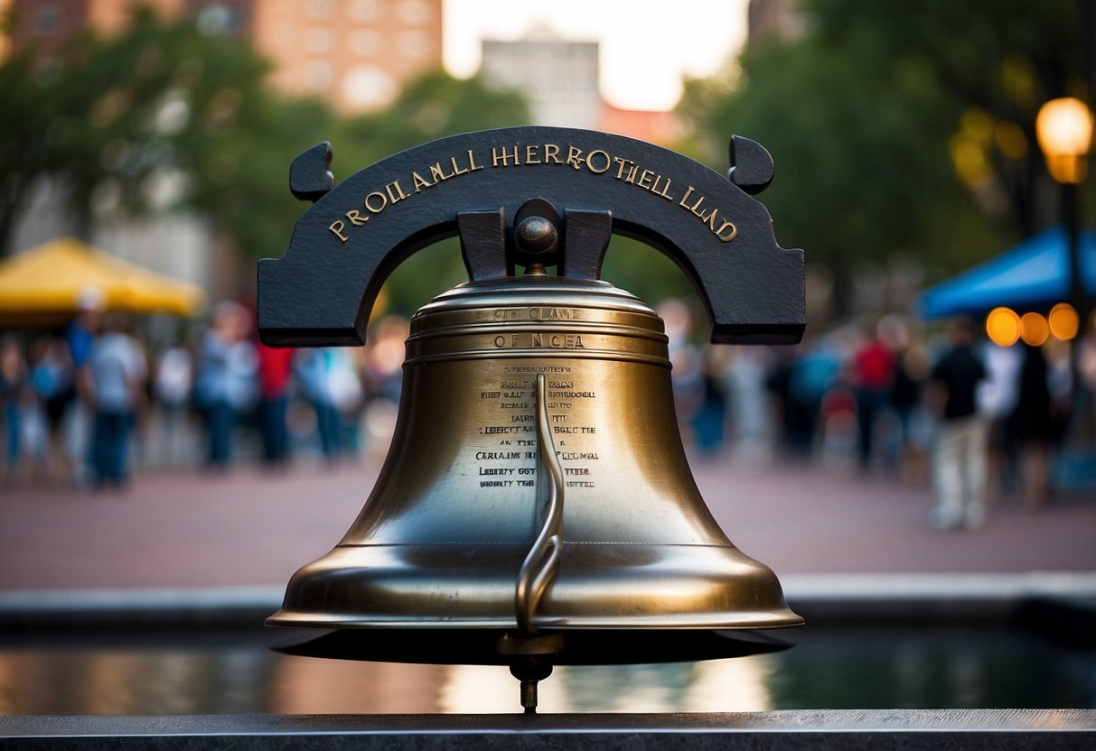 The Liberty Bell Center stands tall, surrounded by historic buildings and a bustling crowd. The iconic cracked bell is on display, with its inscription "Proclaim Liberty Throughout All the Land Unto All the Inhabitants Thereof."