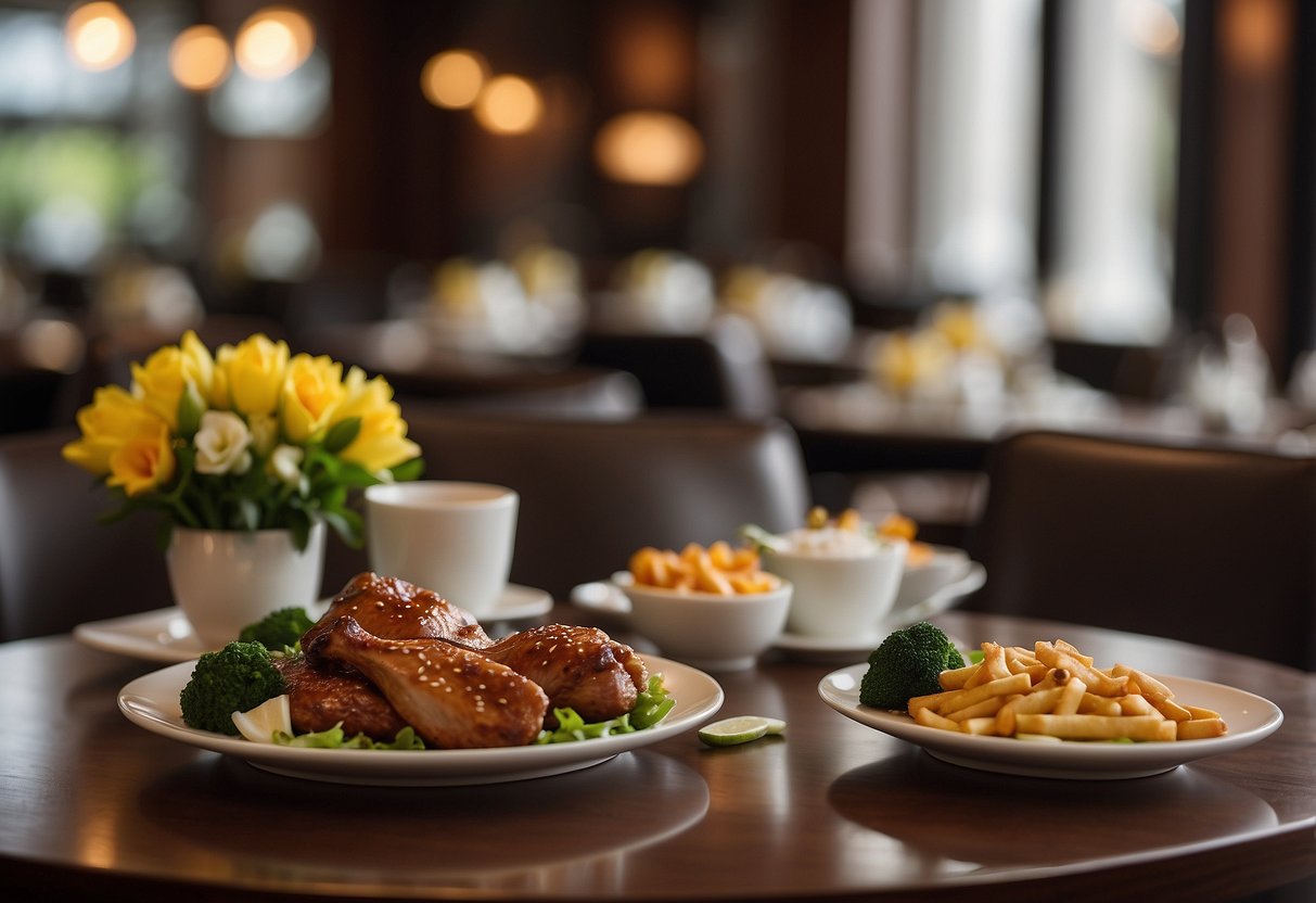 A table set with spring court's peking duck lunch specials, with a sign advertising exclusive offers