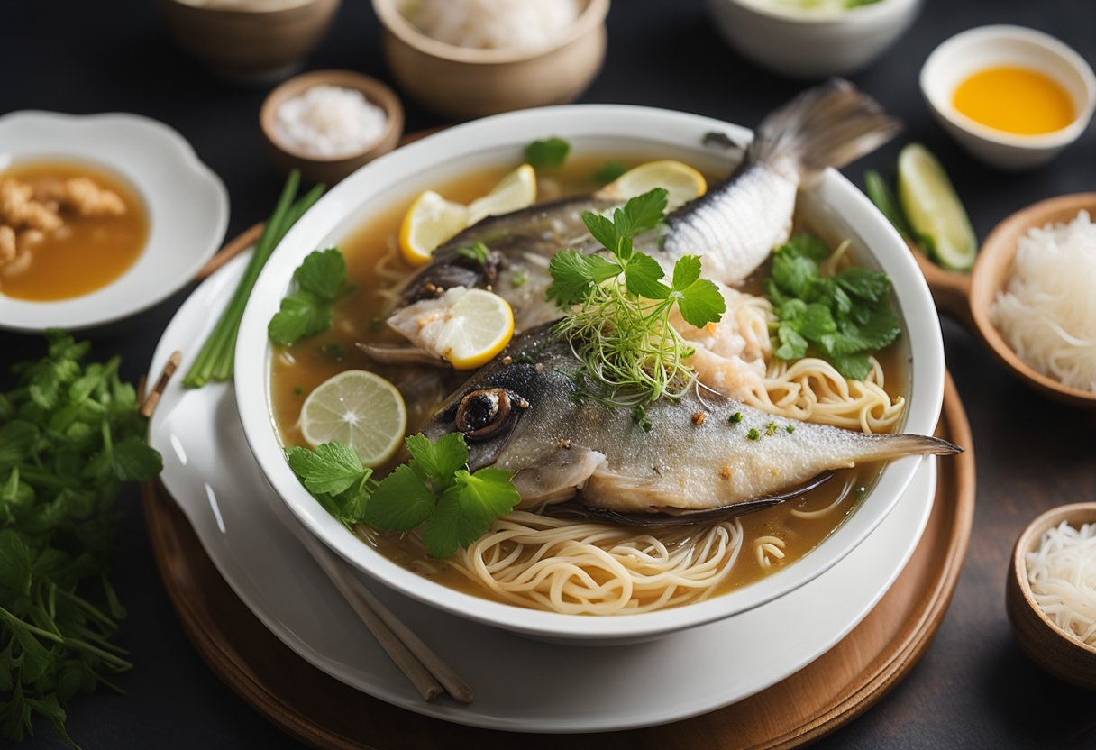 A steaming bowl of fish head bee hoon sits on a table, surrounded by aromatic herbs and spices. The fish head is submerged in a rich, savory broth, with tender noodles peeking out from underneath