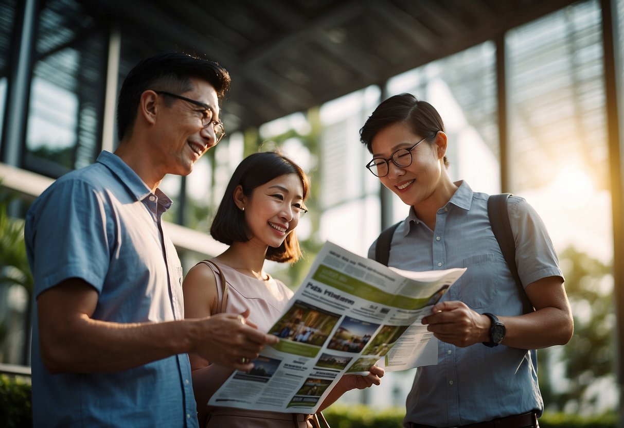 A group of people eagerly reading promotional materials about solar film in Singapore, with bright, sunny imagery and clear, informative text