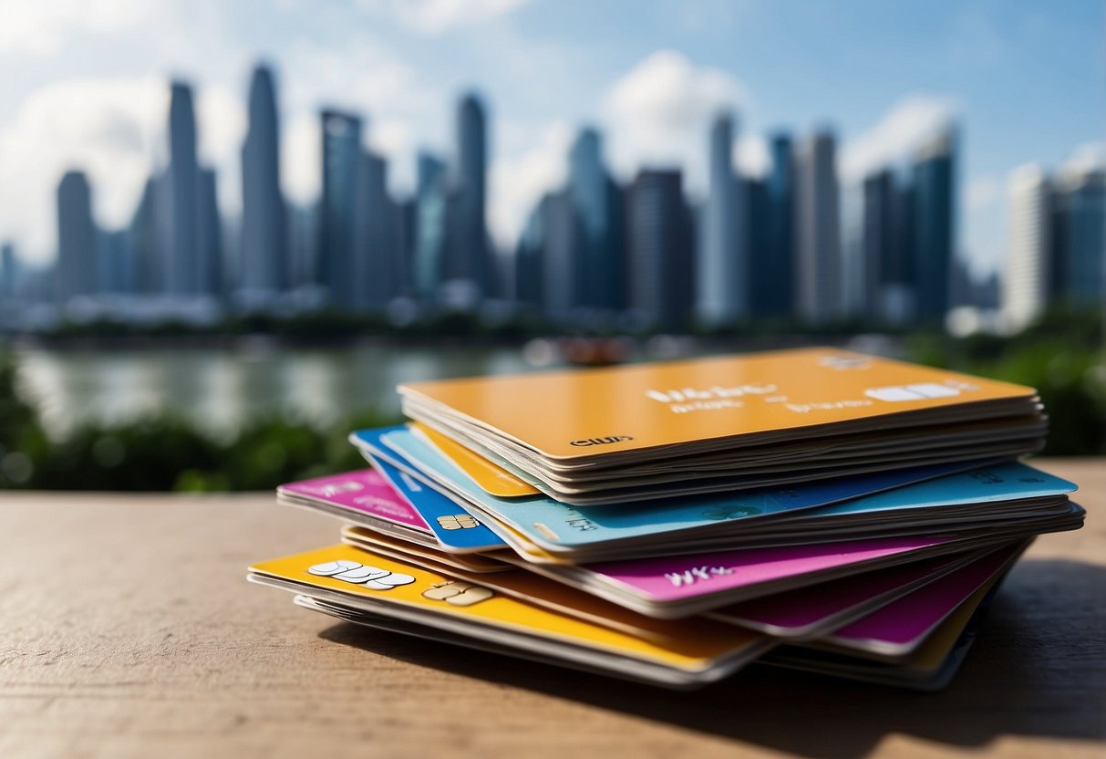 A stack of exclusive credit cards and vouchers with Gojek promotions, set against a backdrop of the Singapore skyline