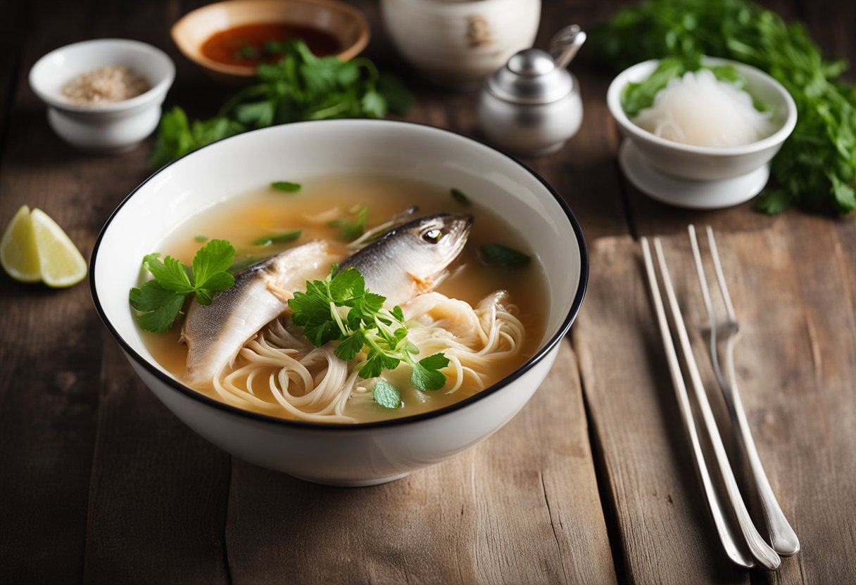 A steaming bowl of fish head bee hoon soup, adorned with fresh herbs and chili, sits on a rustic wooden table. A fragrant steam rises from the bowl, inviting the viewer to savor the delicious dish