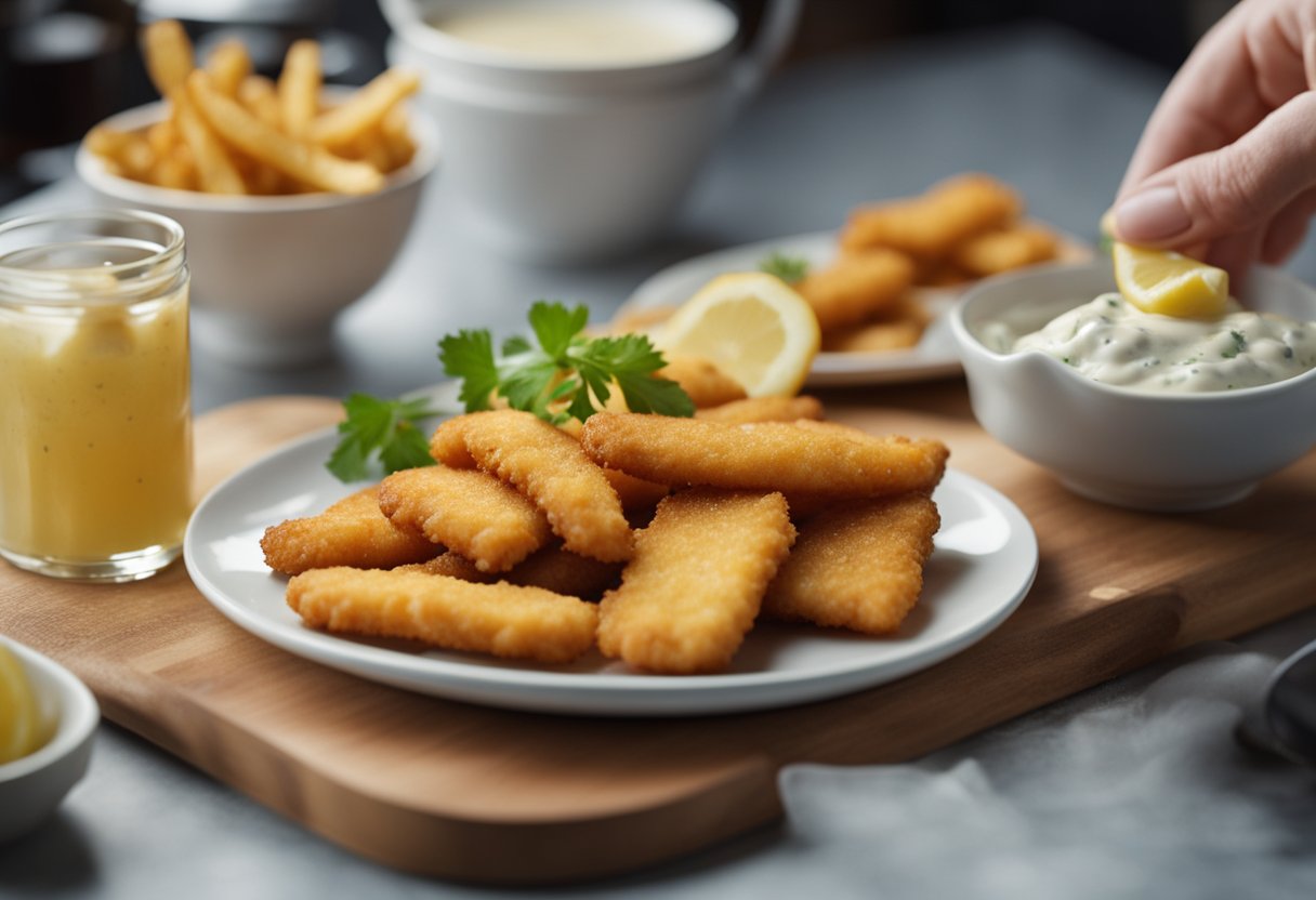 A sizzling pan fries golden fish goujons. A hand dips them in tartar sauce. A plate presents the crispy delicacy