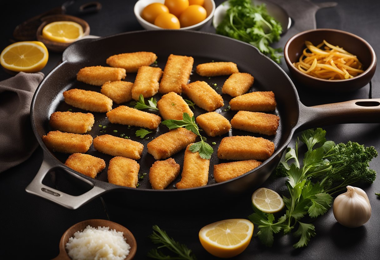 Golden-brown fish goujons sizzle in a hot pan, surrounded by a variety of fresh ingredients and cooking utensils