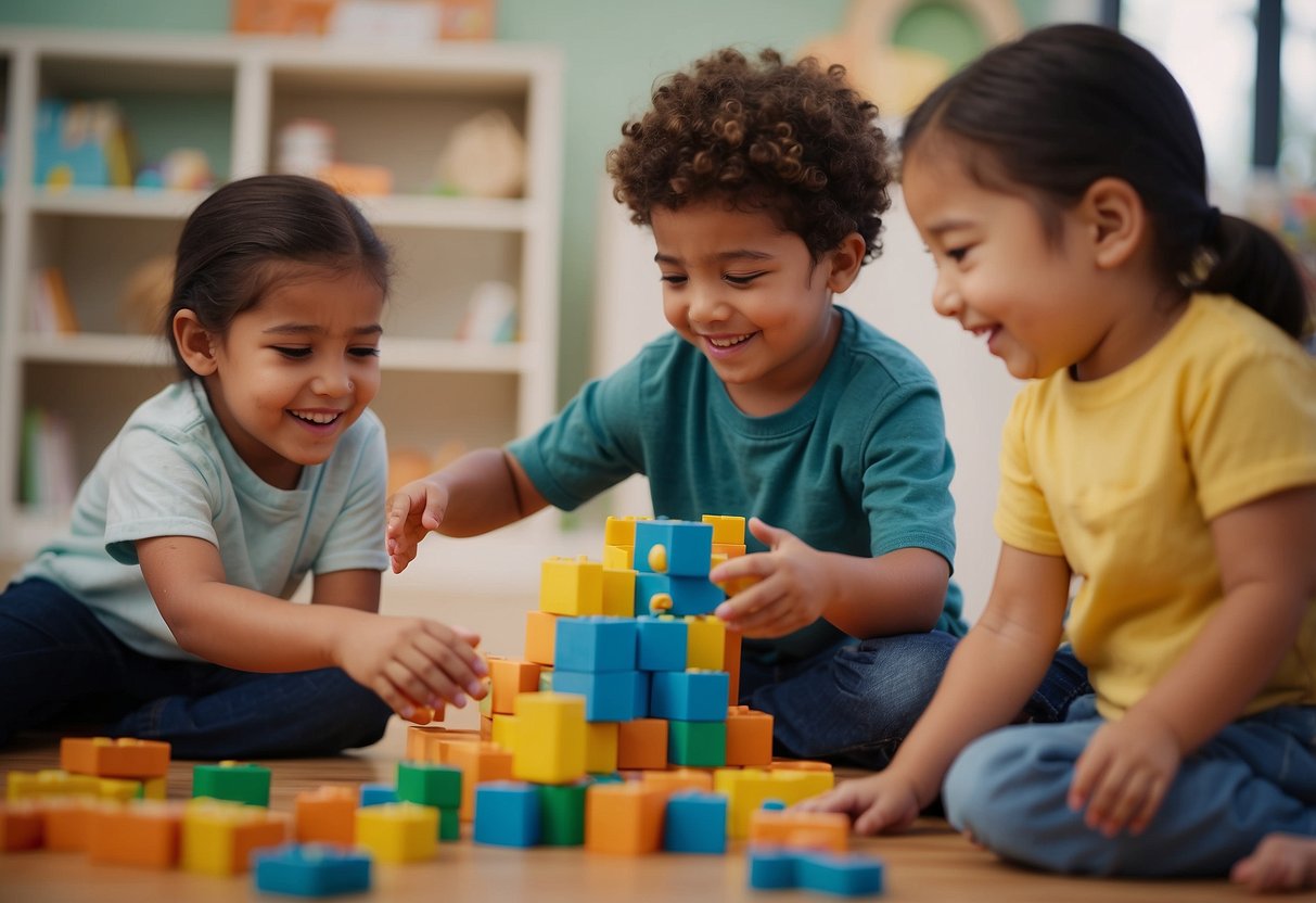 Preschoolers playing cooperative games, building blocks, and engaging in group activities to enhance physical and social skills