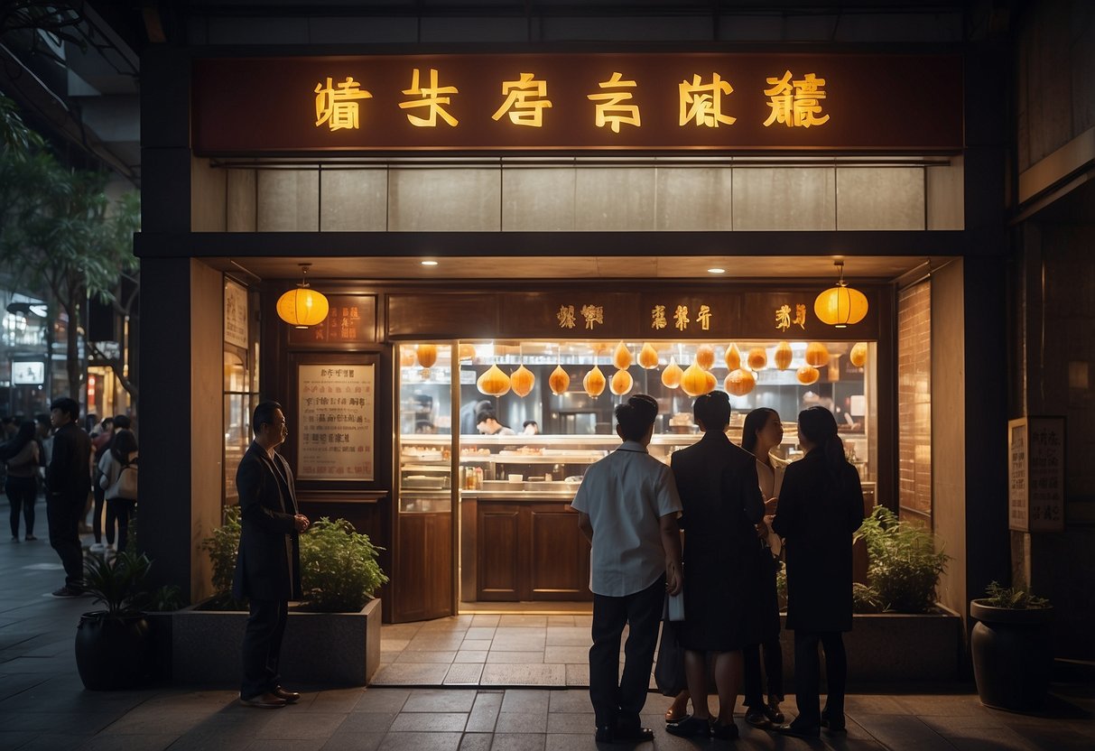 A bustling restaurant with a sign promoting Peking duck specials. Customers line up at the entrance, while others enjoy their meals inside