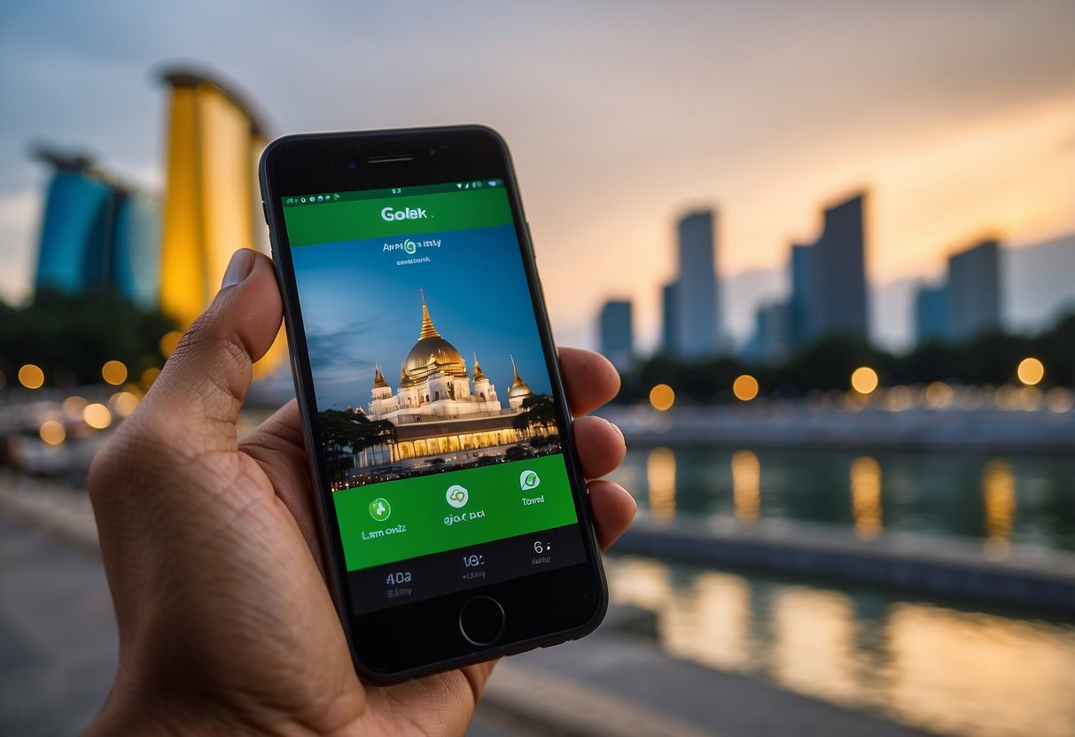 A smartphone displaying Gojek app with promotional offers, set against the backdrop of iconic Singapore landmarks