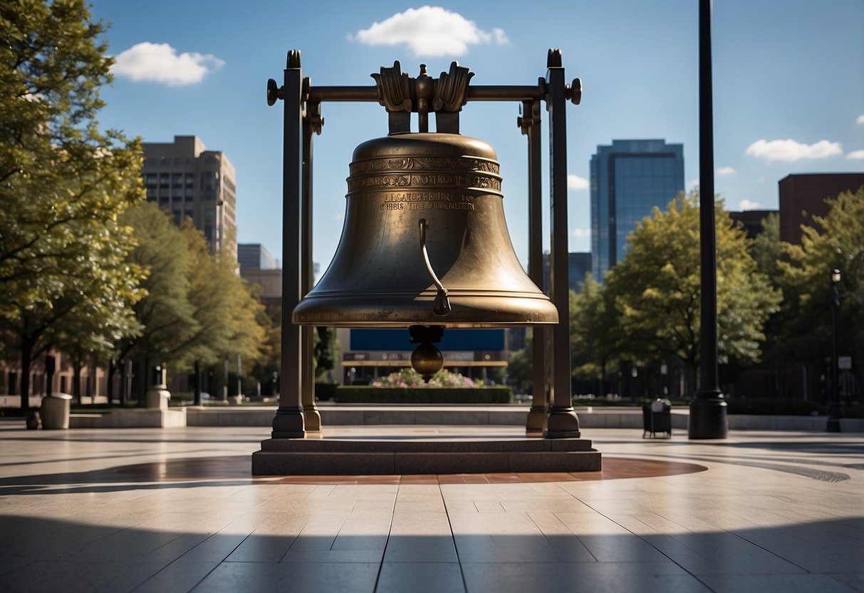 The Liberty Bell Center stands tall, with its iconic cracked bell on display. The building's design is grand and sturdy, with columns and intricate architectural details