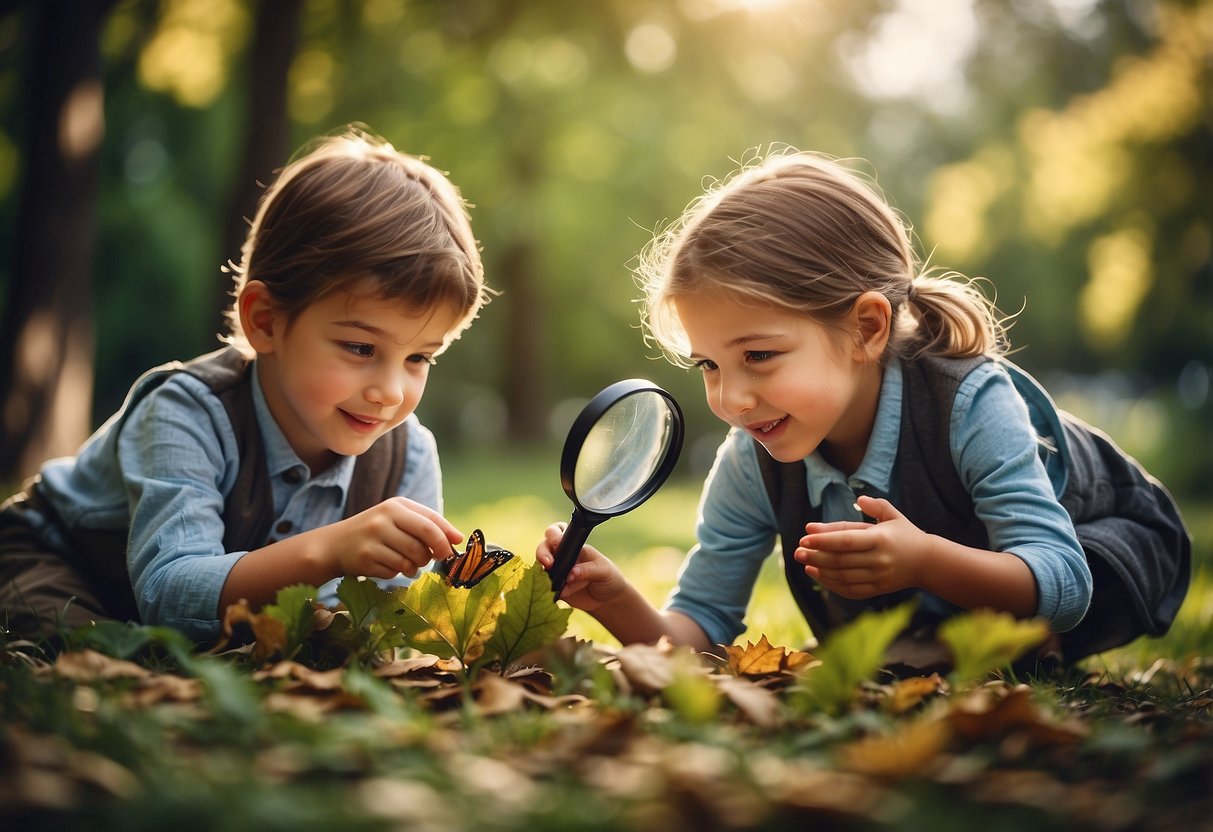 Children playing with magnifying glasses, collecting leaves and examining bugs in a colorful outdoor setting