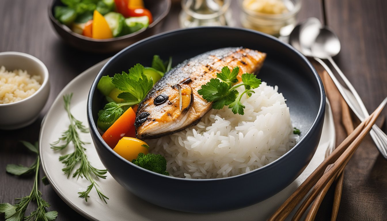 A pot of steaming rice sits next to a plate of grilled fish, surrounded by fresh herbs and colorful vegetables