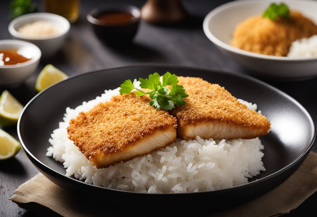 Golden-brown fish fillets coated in panko crumbs, sizzling in a hot pan. Beside it, a bowl of tangy tonkatsu sauce and a mound of steamed rice