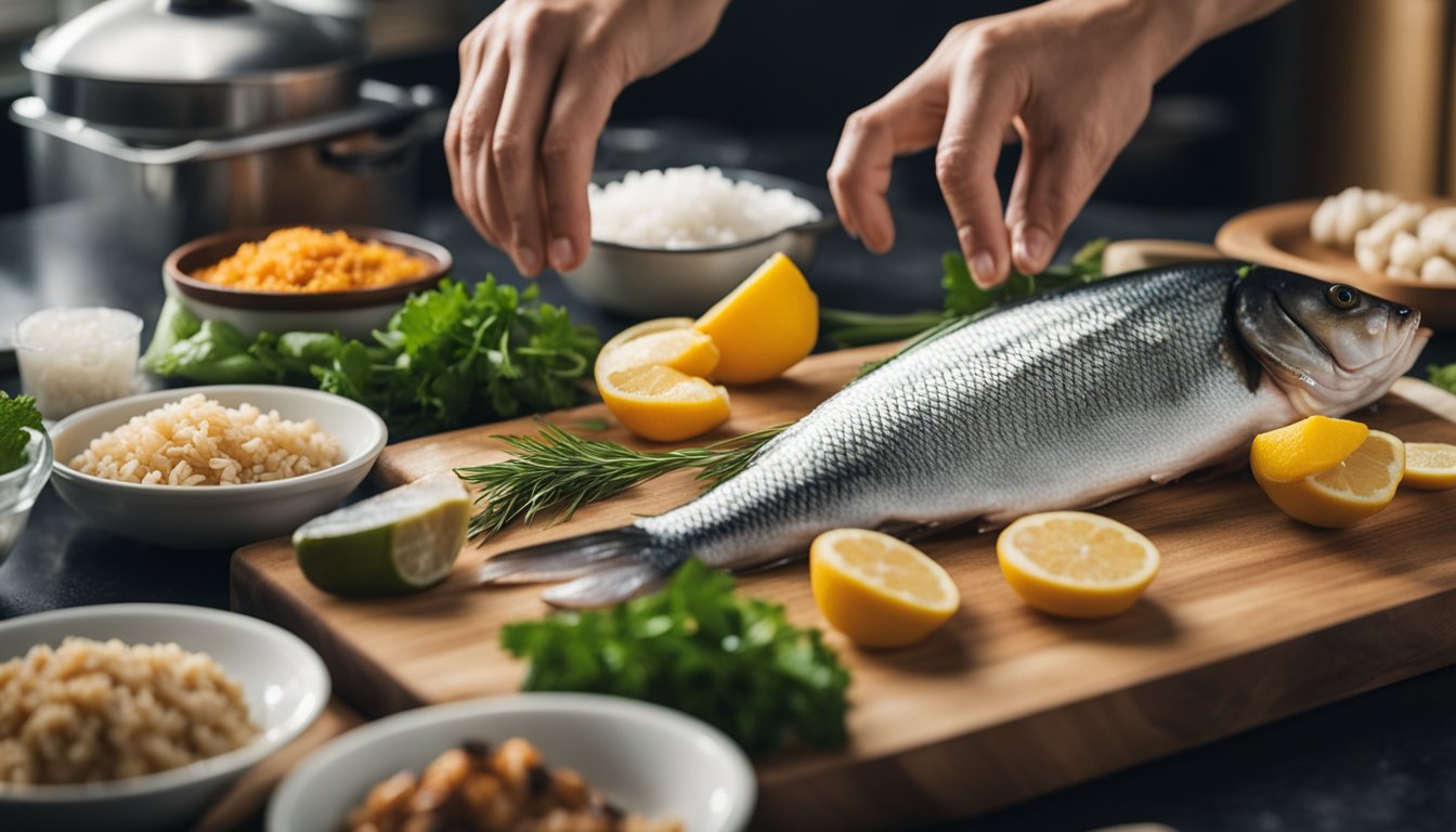 A hand reaches for fresh fish and rice, laid out on a clean kitchen counter. Ingredients are neatly organized and ready for cooking