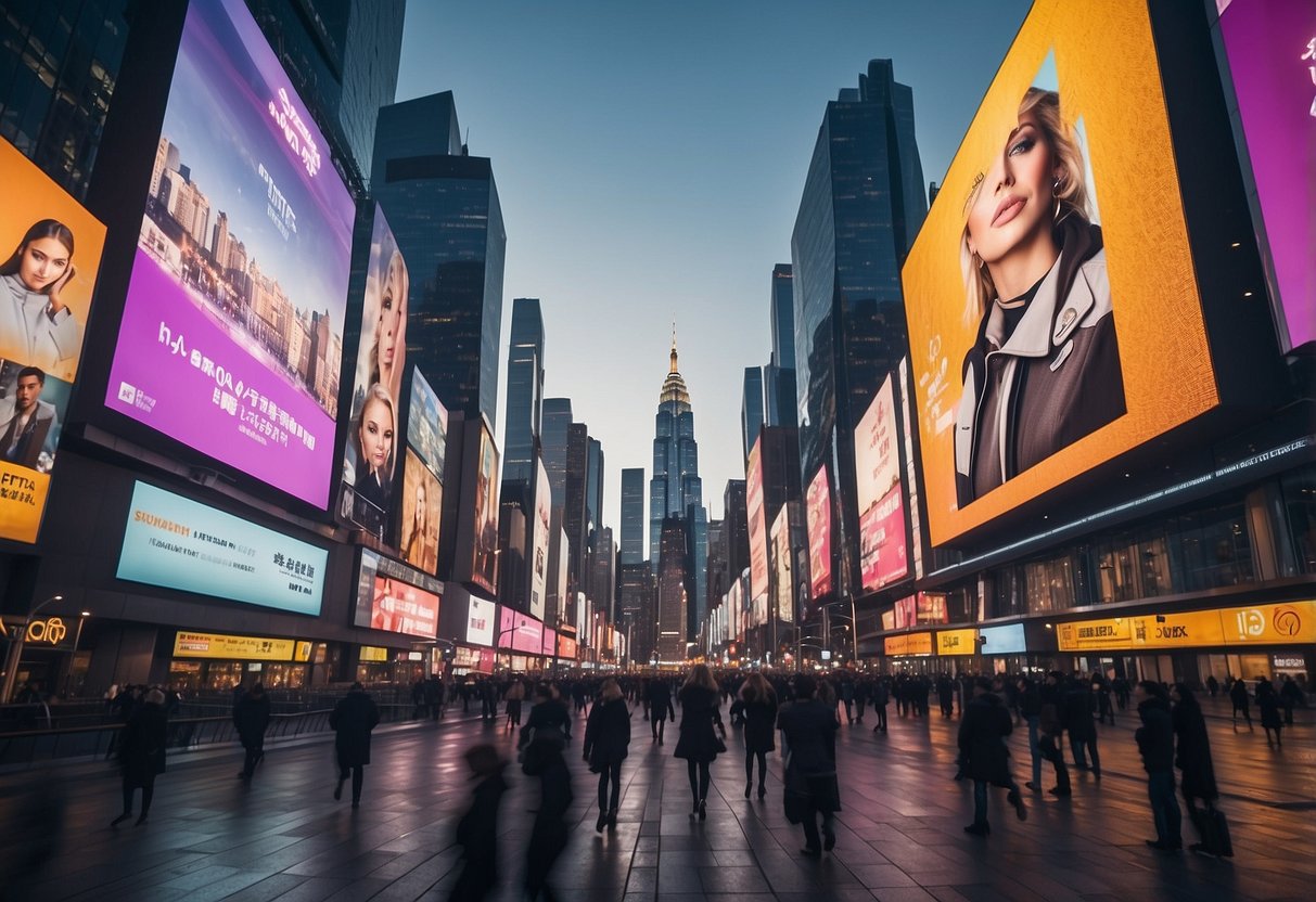 A vibrant cityscape with futuristic billboards showcasing stylish fashion promotions in 2024. Bright lights and sleek architecture create a dynamic backdrop for the latest trends