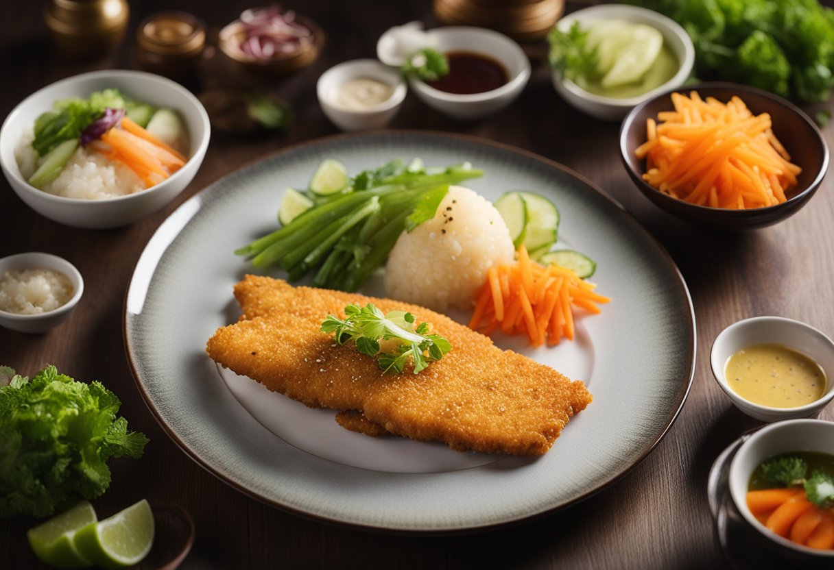 A crispy golden fish katsu sits on a plate, surrounded by a colorful array of pickled vegetables and a small dish of tangy dipping sauce