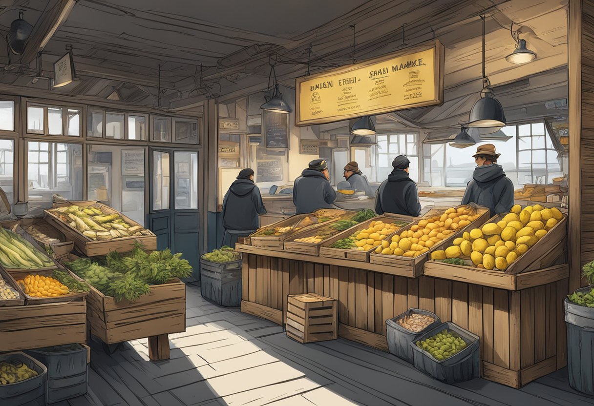 A cozy Parisian fish market, with fresh catches on ice, wooden crates of lemons, and a chalkboard menu of daily specials