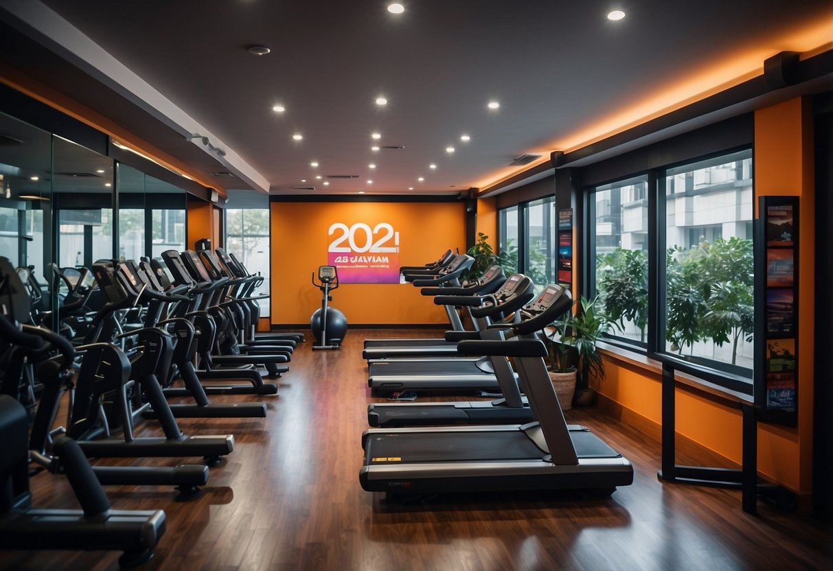 A vibrant fitness studio with "2024 Fitness Promotions" signage and GuavaPass advertisements in Singapore